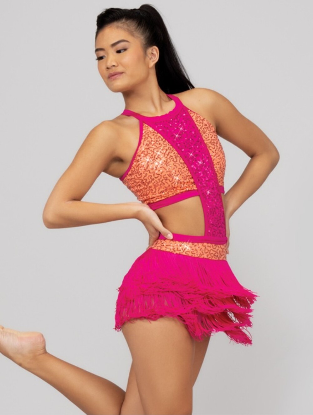 Weissman Girls SC Pink & Orange Sequin Fringe Dance Costume 15569